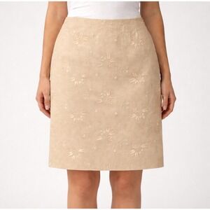 Amanda Smith Pure Linen Embroidered Pencil Skirt Tan Beige Floral Size 8 Office
